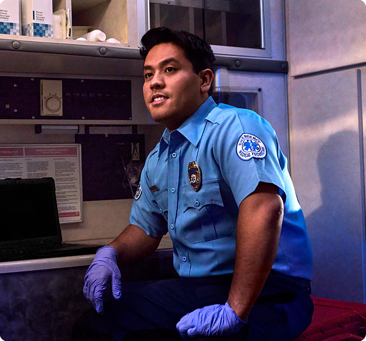 First response EMS working inside an ambulance