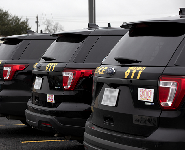 Police cars in a San Antonio police substation. San Antonio is home to the Southwest Texas Fusion Center, which uses FirstNet and is instrumental in helping manage big events. Police, EMS and Fire work closely together in the Fusion Center.