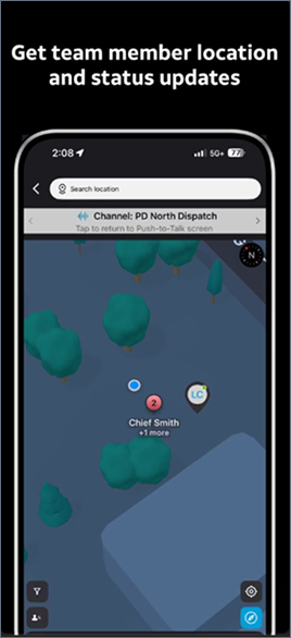 FirstNet Fusion app screenshot showing text: “Get team member location and status updates.” The interface displays a satellite map showing team members plotted as active icons with real-time status.