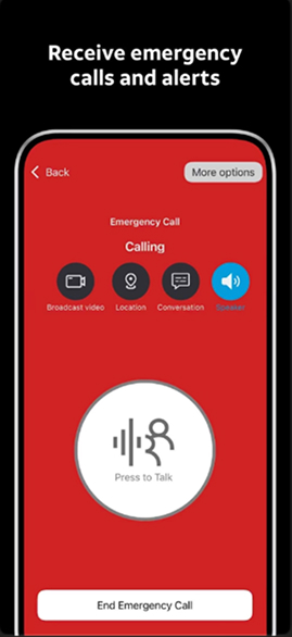 FirstNet Fusion app screenshot showing text: “Receive emergency calls and alerts.” The interface displays an emergency call in progress, with options for Broadcast video, Location, Conversation and Speaker, and a large 'Press to Talk' button." 